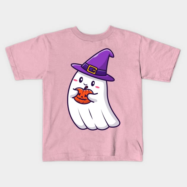 Cute Witch Ghost Holding Pumpkin Halloween Cartoon Kids T-Shirt by Catalyst Labs